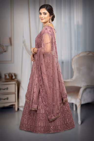 Dusty Mauve Pink Heavy Hand Embroidered Bridal Lehenga — view 3 of 3