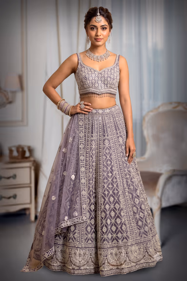 Dusty Mauve Sequinned and Mirror-Work Bridal/Cocktail Lehenga Choli — view 2 of 2