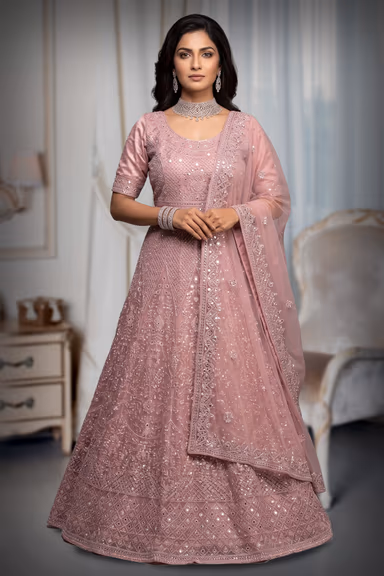 Dusty Pink Embroidered Gown Choli with Dupatta — view 2 of 3