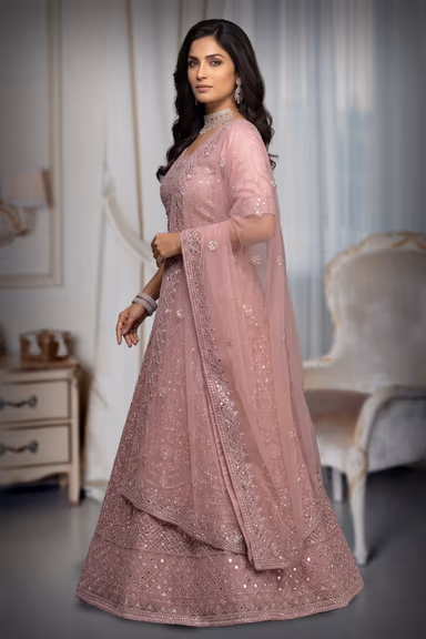 Dusty Pink Embroidered Gown Choli with Dupatta — view 3 of 3