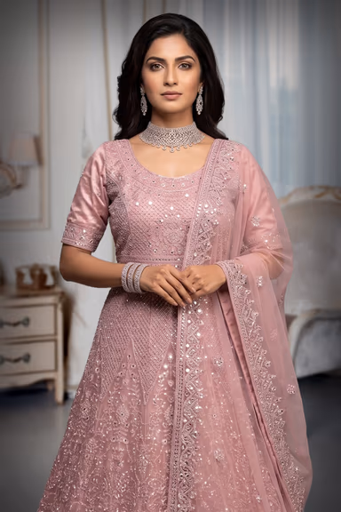 Dusty Pink Embroidered Gown Choli with Dupatta — view 1 of 3