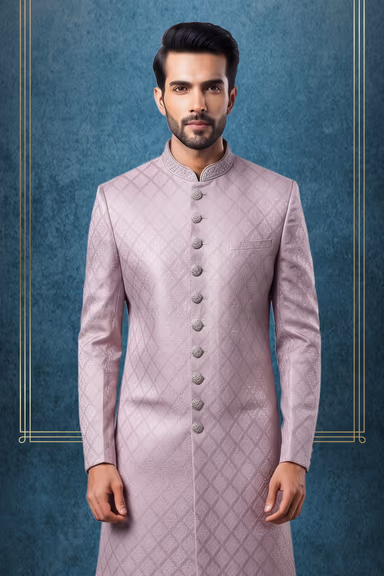 Dusty Pink Jacquard Silk Embroidered Wedding Sherwani with White Churidar — view 2 of 3