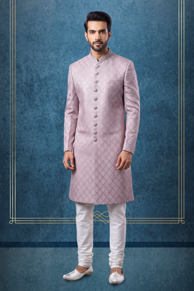 Dusty Pink Jacquard Silk Embroidered Wedding Sherwani with White Churidar — view 3 of 3
