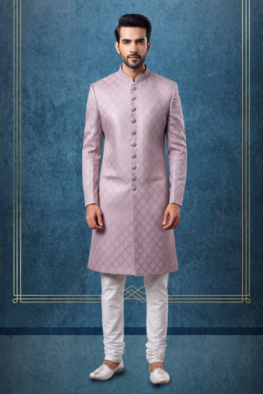 Dusty Pink Jacquard Silk Embroidered Wedding Sherwani with White Churidar — view 1 of 3