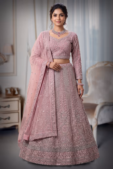 Dusty Pink & Silver Zardozi Heavy Bridal Lehenga Choli Set with Net Dupatta — view 2 of 3