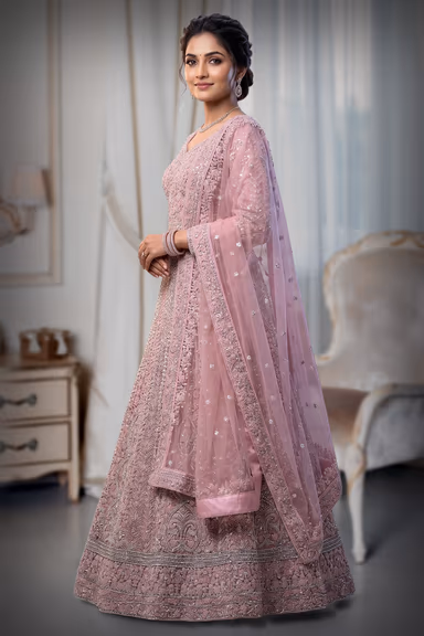 Dusty Pink & Silver Zardozi Heavy Bridal Lehenga Choli Set with Net Dupatta — view 3 of 3