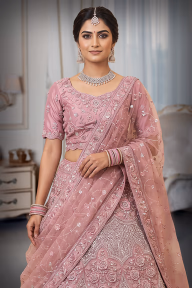 Dusty Rose Pink Embroidered Bridal Lehenga — view 1 of 3