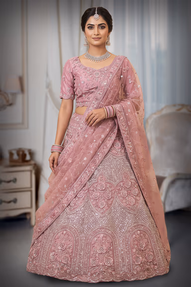Dusty Rose Pink Embroidered Bridal Lehenga — view 2 of 3