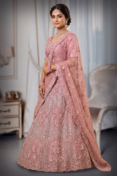 Dusty Rose Pink Embroidered Bridal Lehenga — view 3 of 3