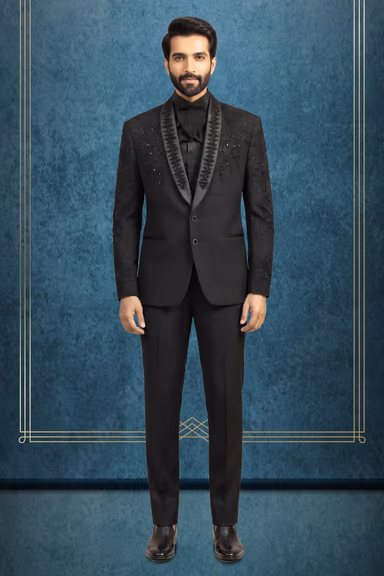 Elegant black groom suit with floral sugar beads Abd embossed work — view 1 of 2