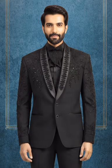 Elegant black groom suit with floral sugar beads Abd embossed work — view 2 of 2