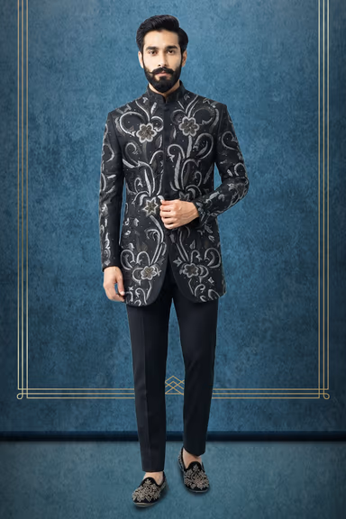 Elegant Black Indo-Western Outfit with Floral Threadwork, Stone Embroidery and Plain Shirt — view 2 of 3