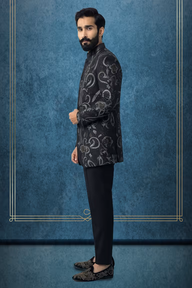 Elegant Black Indo-Western Outfit with Floral Threadwork, Stone Embroidery and Plain Shirt — view 3 of 3