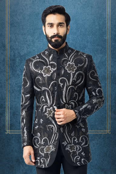 Elegant Black Indo-Western Outfit with Floral Threadwork, Stone Embroidery and Plain Shirt — view 1 of 3