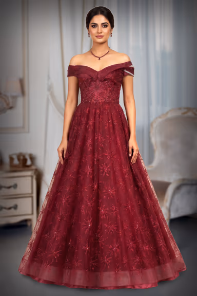 Elegant Cherry Red Gown with Floral Appliqué Work and Boat Neck — view 2 of 3