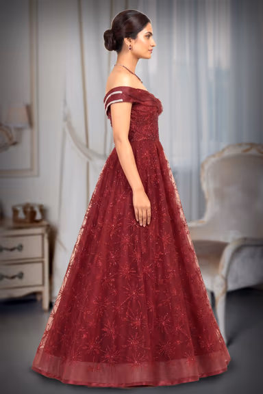 Elegant Cherry Red Gown with Floral Appliqué Work and Boat Neck — view 3 of 3