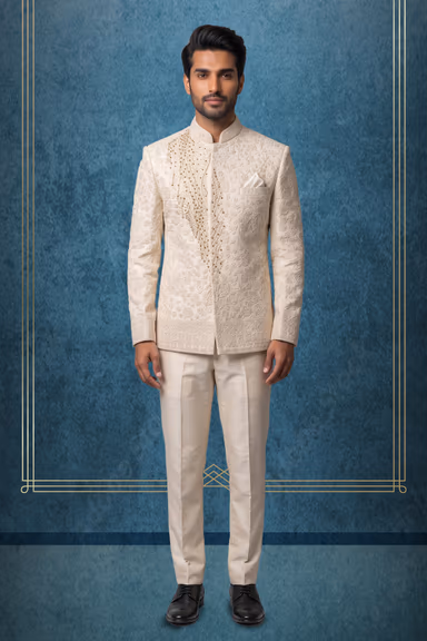 "Elegant Cream Jodhpuri Set Featuring Intricate Gold Embroidery. Includes Matching Kurta, Trousers, And… — view 1 of 3