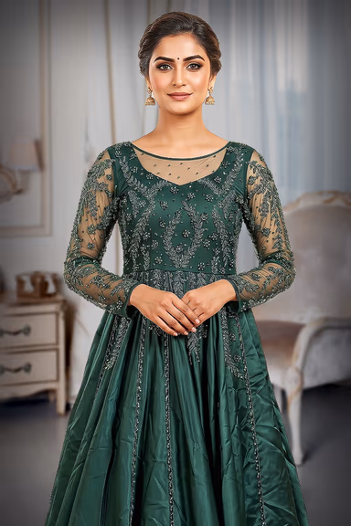 Elegant Dark Green Taffeta-Satin A-Line Gown with Emerald Green Crystal and Sequin Embroidery — view 1 of 3
