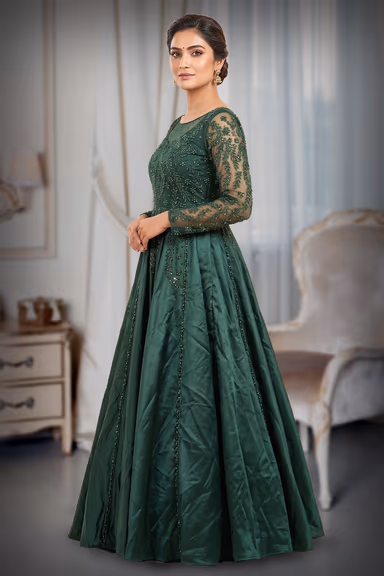 Elegant Dark Green Taffeta-Satin A-Line Gown with Emerald Green Crystal and Sequin Embroidery — view 3 of 3