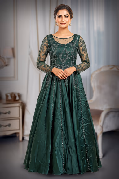 Elegant Dark Green Taffeta-Satin A-Line Gown with Emerald Green Crystal and Sequin Embroidery — view 2 of 3