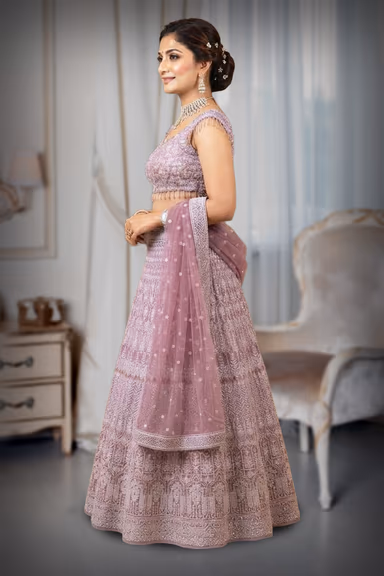 Elegant Dual-Tone Lavender-Pink & Plum Georgette Chikankari Lehenga Set with Fringe Detail — view 3 of 3