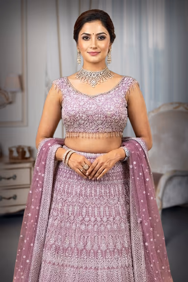 Elegant Dual-Tone Lavender-Pink & Plum Georgette Chikankari Lehenga Set with Fringe Detail — view 1 of 3