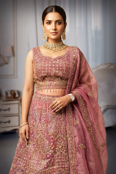Elegant Dusty Rose Mauve Silk-Net Lehenga Set with Antique Gold Zardozi & Architectural Arch Embroidery — view 1 of 2