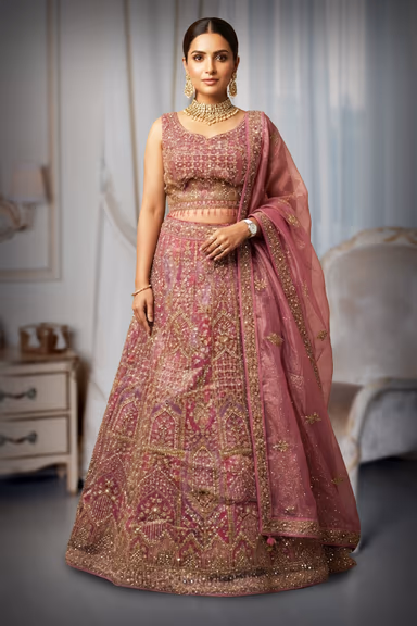 Elegant Dusty Rose Mauve Silk-Net Lehenga Set with Antique Gold Zardozi & Architectural Arch Embroidery — view 2 of 2