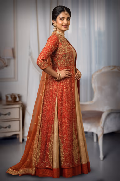 Elegant gold gown with embroidered Red jacket and plain net dupatta — view 3 of 3