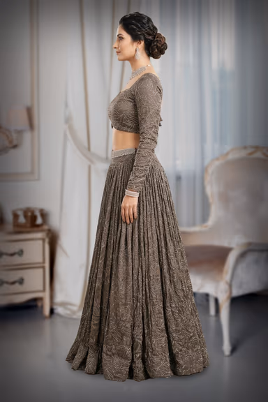 Elegant Hunter Green Lehenga Adorned with Beautiful Intricate Sugar Bead Work — view 3 of 3