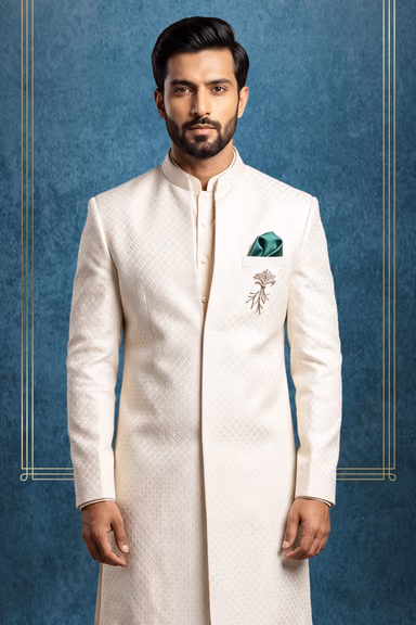 Elegant Ivory-Cream Self-Jacquard Silk Indo-Western Sherwani with Contrast Pocket Square — view 2 of 3
