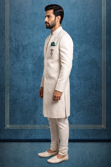 Elegant Ivory-Cream Self-Jacquard Silk Indo-Western Sherwani with Contrast Pocket Square — view 3 of 3