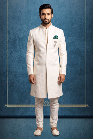 Elegant Ivory-Cream Self-Jacquard Silk Indo-Western Sherwani with Contrast Pocket Square — view 1 of 3