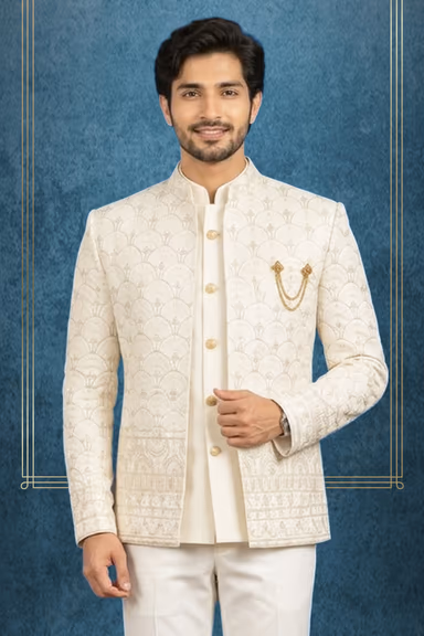 Elegant Ivory Indo-Jodhpuri with Golden Thread Embroidery and Statement Brooch — view 2 of 3
