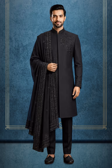 Elegant Ivory Indo-Jodhpuri with Golden Thread Embroidery and Statement Brooch — view 1 of 3