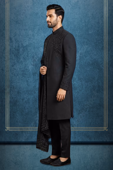Elegant Ivory Indo-Jodhpuri with Golden Thread Embroidery and Statement Brooch — view 3 of 3