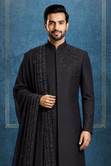Elegant Ivory Indo-Jodhpuri with Golden Thread Embroidery and Statement Brooch — view 2 of 3
