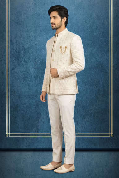 Elegant Ivory Indo-Jodhpuri with Golden Thread Embroidery and Statement Brooch — view 3 of 3