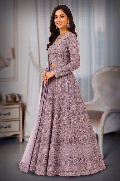 Elegant Lavender Embroidered with Matching Net Dupatta for Festive Wear — view 3 of 3