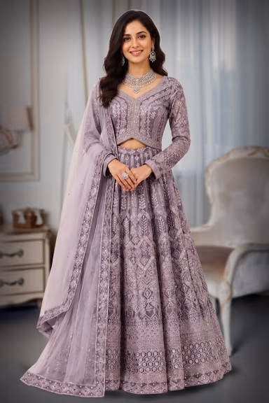 Elegant Lavender Embroidered with Matching Net Dupatta for Festive Wear — view 2 of 3