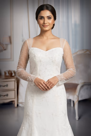 Elegant Mermaid Bridal Gown with Sheer Illusion Long Sleeves and Lace Appliqués — view 1 of 2