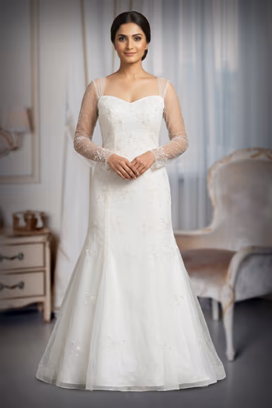 Elegant Mermaid Bridal Gown with Sheer Illusion Long Sleeves and Lace Appliqués — view 2 of 2