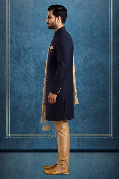 Elegant Navy Blue Checked Sherwani with Luxe Gold Buttons for Wedding Occasions — view 3 of 3
