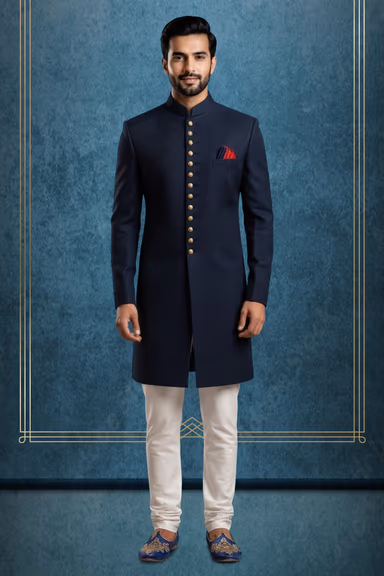 Elegant Navy Blue Checked Sherwani with Luxe Gold Buttons for Wedding Occasions — view 1 of 3