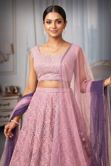 Elegant Ombré Mauve-Lilac to Deep Plum Georgette Lehenga Set with Mirror & Sequin Embroidery — view 1 of 3