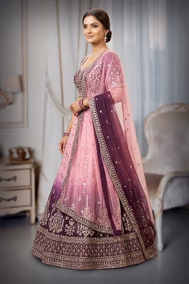 Elegant Ombré Mauve-Lilac to Deep Plum Georgette Lehenga Set with Mirror & Sequin Embroidery — view 3 of 3