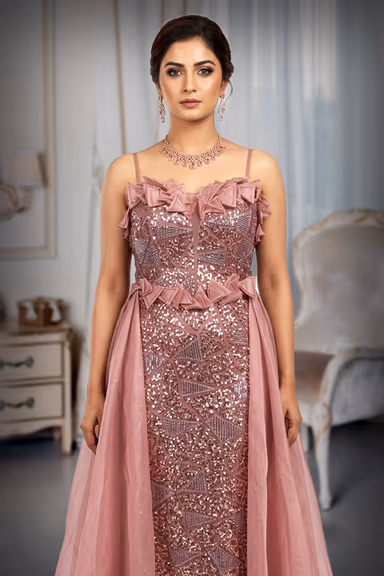 Elegant Peach Silhouette Gown with Dramatic Side Flair and Tail Effect — view 1 of 3