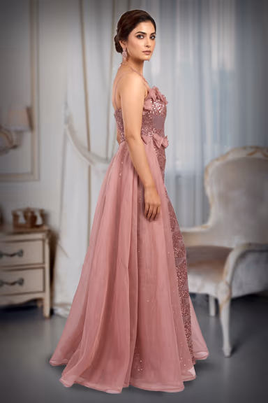 Elegant Peach Silhouette Gown with Dramatic Side Flair and Tail Effect — view 3 of 3