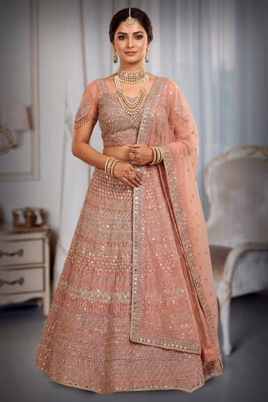Elegant Rose Pink and Gold Heavily Embellished Lehenga Choli Set with Net Dupatta — view 2 of 3