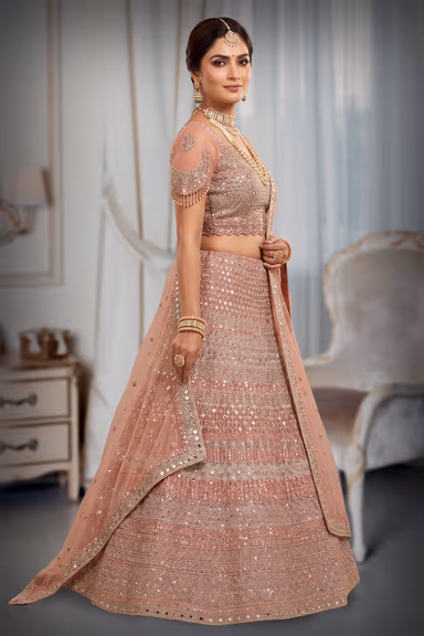 Elegant Rose Pink and Gold Heavily Embellished Lehenga Choli Set with Net Dupatta — view 3 of 3